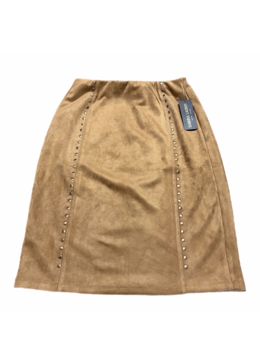 NWT Sabrina Lauren Faux Suede Studded Pencil Skirt (Tan/Camel) Size Small